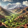 DALL·E 2024-10-26 20.01.40 - A scenic view of the Atlas Mountains in Morocco on a sunny day, with snow-capped peaks towering over lush green valleys and rugged terrain. In the for