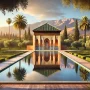 DALL·E 2024-10-26 20.02.20 - A serene view of Menara Gardens in Marrakech, Morocco. The scene shows a large rectangular pool reflecting the elegant pavilion with traditional Moroc